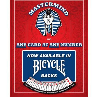 Advertisement for Bicycle playing cards featuring a graphic of a pharaoh and the text 'Mastermind - Any card at any number Now Available in Bicycle Backs'. The background is red with a patterned design.