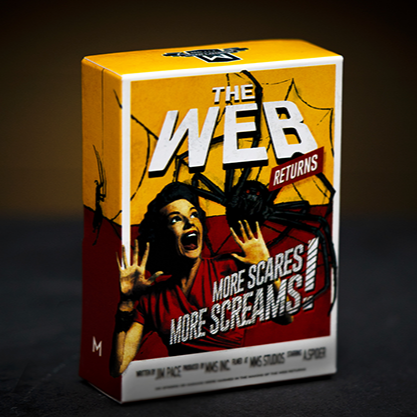 The product image shows a box of 'The Web Returns' magic trick, featuring a graphic of a person screaming with a spider web design in the background.