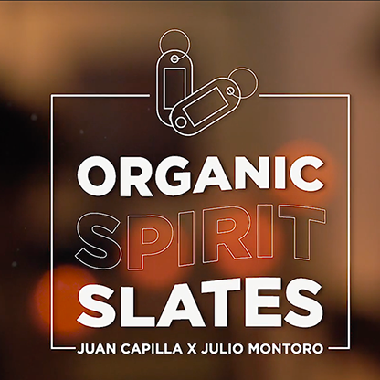 Promotional graphic for 'Organic Spirit Slates' featuring the product's name and an silhouette of a person holding keys, indicating the item is related to magic or illusionistry.