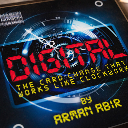 The image displays a promotional item for the magic trick 'Digital' by Arman Abir and Mark Mason. The item features a sleek, black background with a vibrant, digital-style graphic design that includes a clock and various blue text effects.