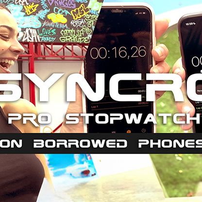A promotional image featuring a person holding a phone with the Syncro Pro Stopwatch app on the screen, with another person in the background smiling.