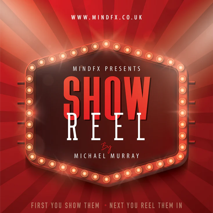 Advertisement for 'Show Reel' by Michael Murray, featuring red and black text on a vibrant background, with neon lights and a celebrity silhouette illustration.