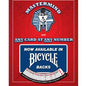 Advertisement for Bicycle playing cards featuring a graphic of a pharaoh and the text 'Mastermind - Any card at any number Now Available in Bicycle Backs'. The background is red with a patterned design.