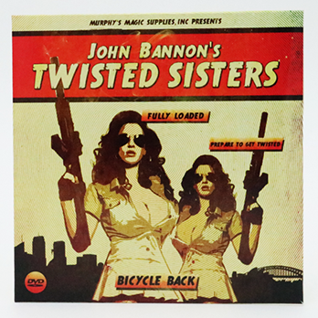Cover of the Twisted Sisters 2.0 product by John Bannon, featuring an illustration of two women with guns and the text details of the magic product.