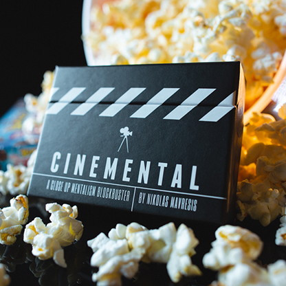 The image features a promotional setup for the "Cinemental" product, a deck of cards designed for a two-phase mentalism routine. The product is displayed with a cinematic popcorn backdrop, enhancing its magical appeal.