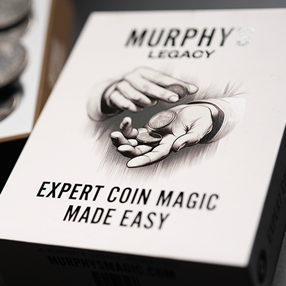 A boxed product labeled 'Murphy's Magic Legacy Expert Coin Magic Made Easy' with replica coins displayed in the background.