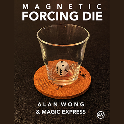 Magnetic forcing die product with glass and coaster on a black background